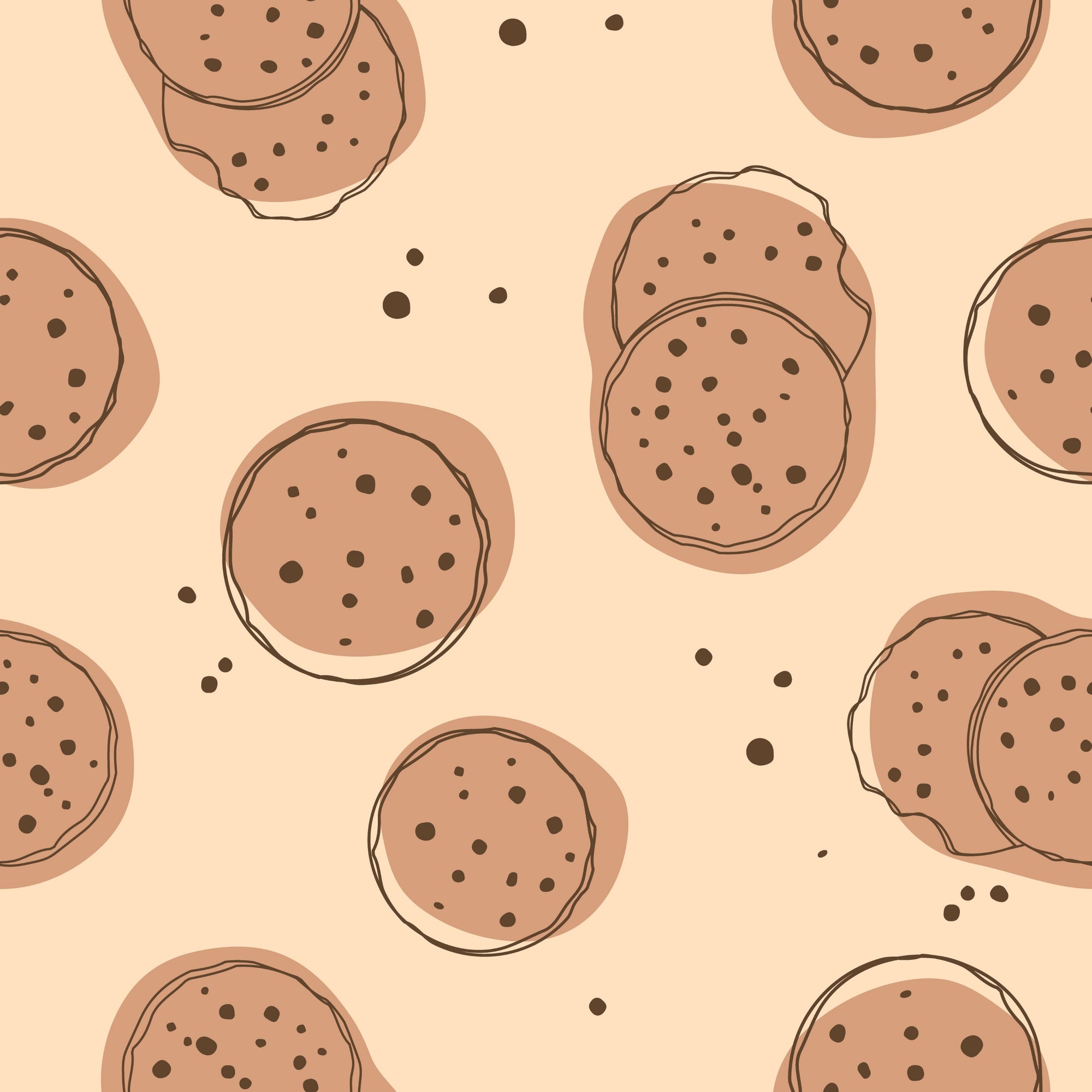 Pattern of cookies with chocolate chips on a beige background
