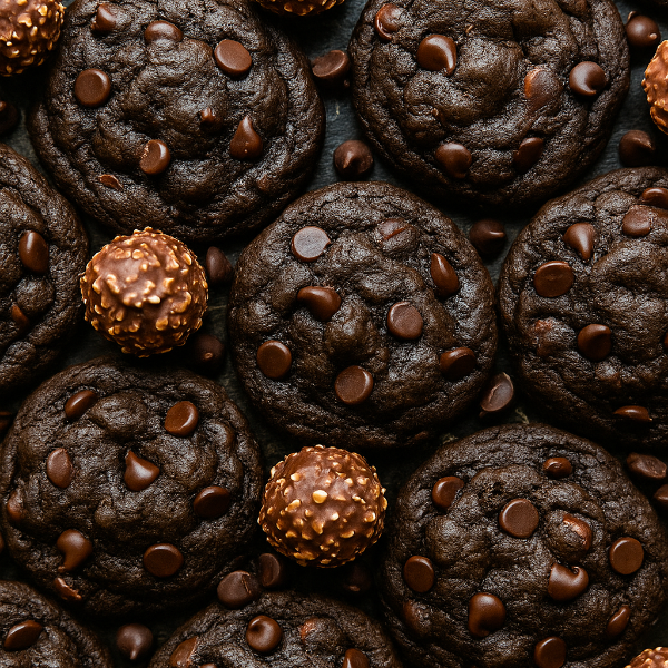Chocolate cookies with chocolate chips and Ferrero Rocher candies on a dark surface